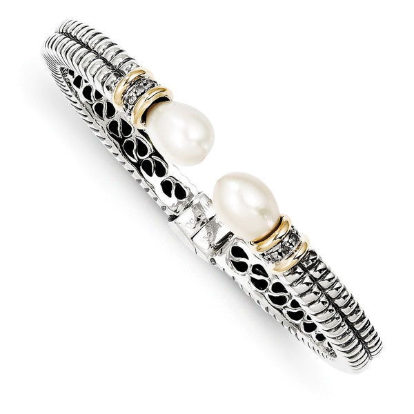 Polished,Hinged,Antique Finish,Genuine,Sterling Silver,Freshwater Cultured Pearl,Diamond,Cuff,Prong Set,14K Yellow Gold Accent