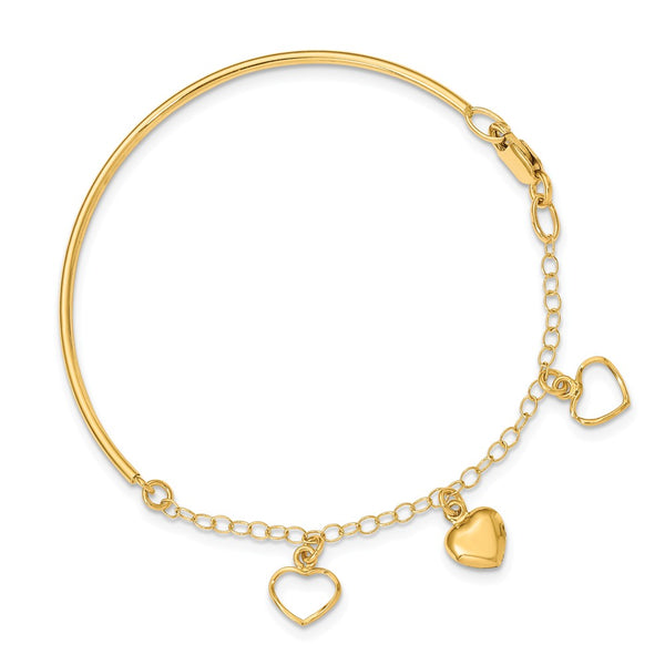 14K Yellow Gold Polished Dangle Heart Chain Bangle
