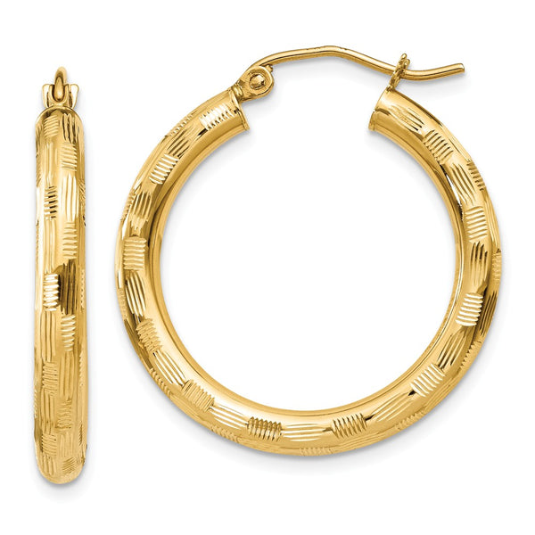 Earrings,Hoop,Gold,Yellow,14K,25 mm,3 mm,Pair,Diamond-cut,Wire & Clutch,,Hoop,Between $100-$200