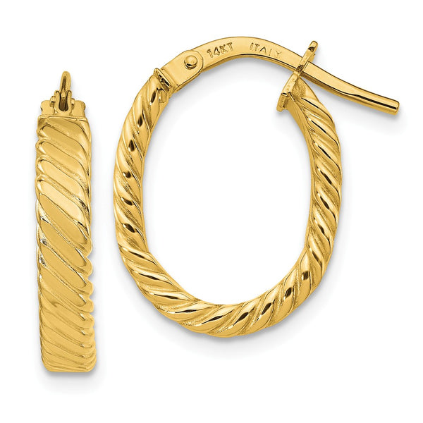Earrings,Hoop,Gold,Yellow,14K,19 mm,15 mm,3 mm,Pair,Striped,Wire & Clutch,Hoop