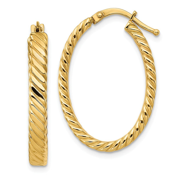 Earrings,Hoop,Gold,Yellow,14K,24 mm,13 mm,3 mm,Pair,Striped,Wire & Clutch,Hoop