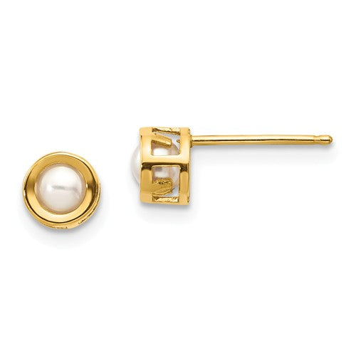 14K Yellow Gold 4mm Bezel June/Fresh Water Cultured Pearl Post Earrings