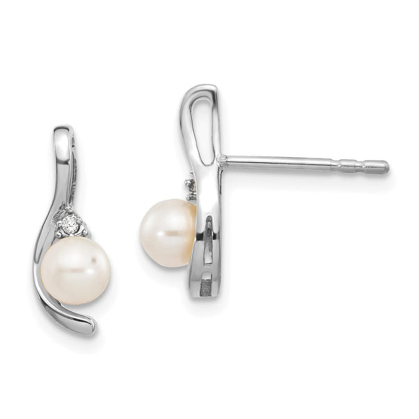 Polished,14K White Gold,Post,Genuine,Freshwater Cultured Pearl,Diamond