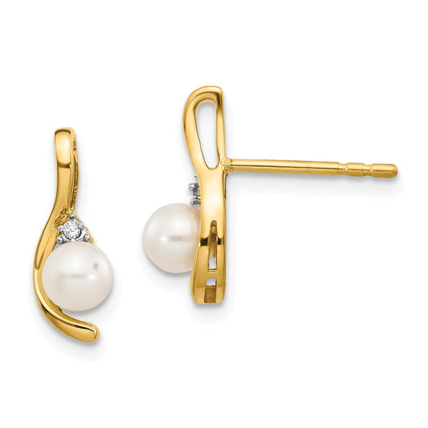 Polished,14K Yellow Gold,Post,Genuine,Freshwater Cultured Pearl,Diamond