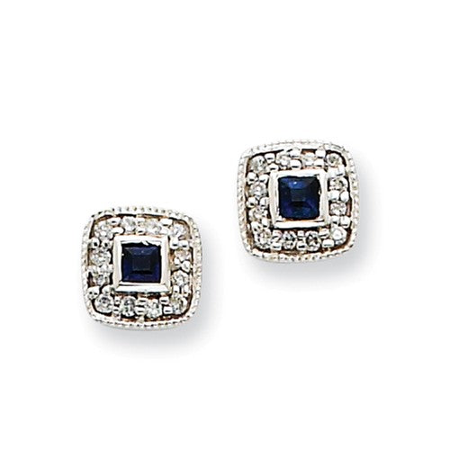 Earrings,Cluster,Gold,White,14K,7 mm,4 mm,Pair,Rhodium,6 mm,6 mm,Post & Push Back,Diamond,Natural,0.090 ct,I1 (AA),Sapphire,Natural,Heating,Blue,Ball/Post/Stud,Gemstone