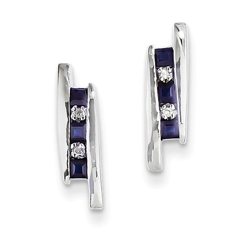 Earrings,Button,Gold,White,14K,12 mm,5 mm,Pair,Rhodium,18 mm,4 mm,Post & Push Back,Sapphire,Natural,Heating,Square,Blue,2 x 2 mm,6,0.44 ctw (total weight),Channel,Diamond,Natural,0.020 ct,Ball/Post/Stud,Gemstone