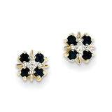 Earrings,Cluster,Gold,Yellow,14K,7 mm,7 mm,Pair,7 mm,7 mm,Post & Push Back,Sapphire,Natural,Heating,Round,Blue,1.9-2 mm,8,0.36 ctw (total weight),Prong Set,Diamond,Natural,0.010 ct,Ball/Post/Stud,Gemstone