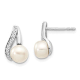 Polished,14K White Gold,Post,Freshwater Cultured Pearl,Diamond