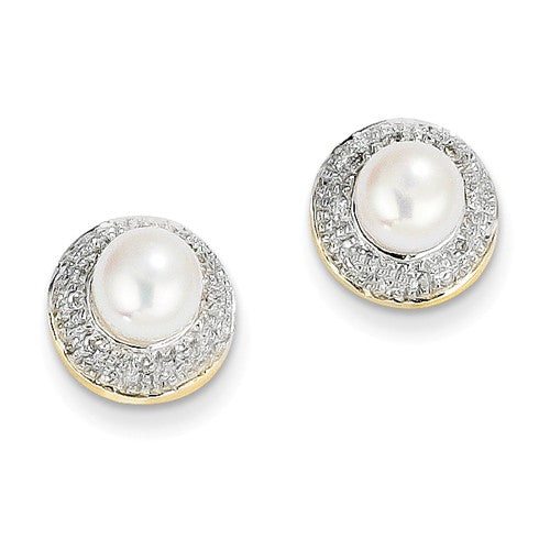Jewelry,Earrings,Button,Gold,Two-Tone,14K,10 mm,10 mm,Pair,Post & Push Back,Pearl,Freshwater,Cultured,Bleaching,Round,White,5.5-6 mm,2,Diamond,Natural,0.050 ct,Ball/Post/Stud