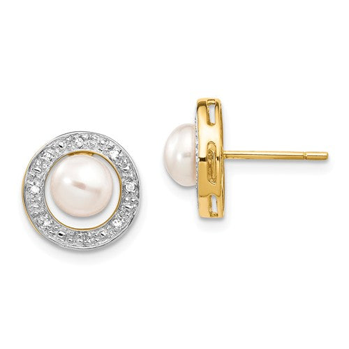 Jewelry,Earrings,Button,Gold,Two-Tone,14K,10 mm,10 mm,Pair,Post & Push Back,Pearl,Freshwater,Cultured,Bleaching,Round,White,5.25-5.5 mm,2,Diamond,Natural,0.050 ct,Ball/Post/Stud