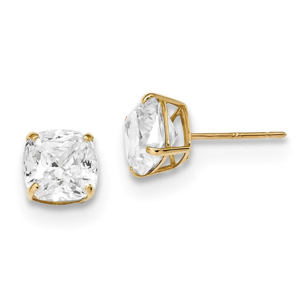 14K Yellow Gold Polished 7x7 Cushion Cut CZ Studs Post Earrings