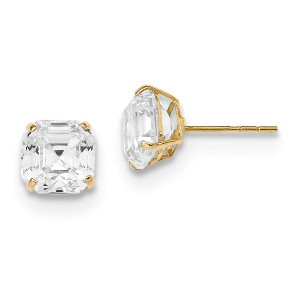14K Yellow Gold Polished 7x7 Asscher Cut CZ Studs Post Earrings