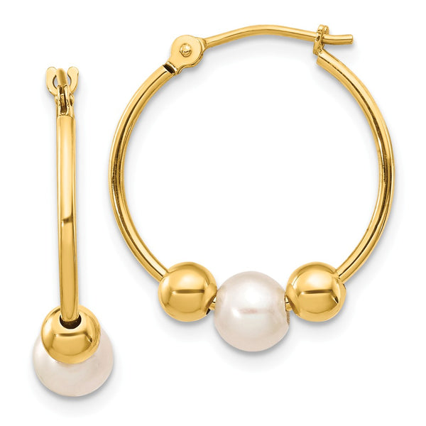 Polished,14K Yellow Gold,Freshwater Cultured Pearl,Hinged Hoop