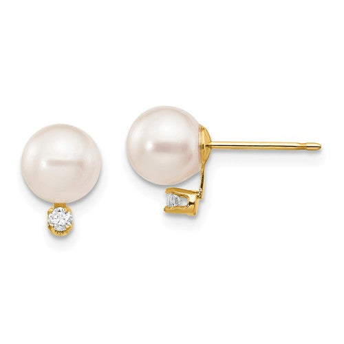 Jewelry,Earrings,Ball,Gold,Yellow,14K,6 to 7 mm (range),6 to 7 mm (range),Pair,Post & Push Back,Pearl,Saltwater,Cultured,Bleaching,White,Diamond,Natural,0.060 ctw (total weight),Ball/Post/Stud