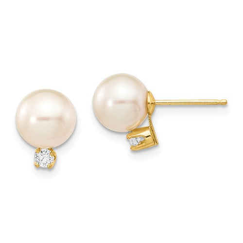 Jewelry,Earrings,Ball,Gold,Yellow,14K,7 to 8 mm (range),7 to 8 mm (range),Pair,Post & Push Back,Pearl,Freshwater,Cultured,Bleaching,White,Freshwater Cultured,Diamond,Natural,0.100 ctw (total weight),Ball/Post/Stud