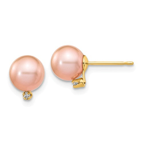 Jewelry,Earrings,Ball,Gold,Yellow,14K,5 to 6 mm (range),5 to 6 mm (range),5-6 mm,Pair,Post & Push Back,Pearl,Freshwater,Cultured,Dyeing,Round,Pink,5 to 6 mm,Diamond,Natural,Clear,0.020 ctw (total weight),Ball/Post/Stud
