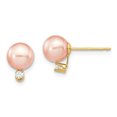 Jewelry,Earrings,Ball,Gold,Yellow,14K,6 to 7 mm (range),6 to 7 mm (range),6-7 mm,Pair,Post & Push Back,Pearl,Freshwater,Cultured,Dyeing,Round,Pink,6 to 7 mm,Diamond,Natural,Round,Clear,0.060 ctw (total weight),Ball/Post/Stud