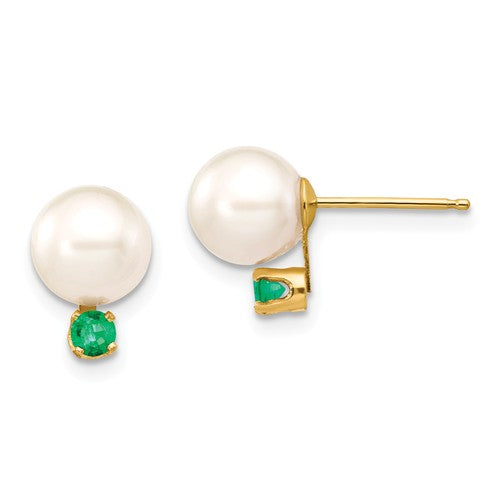 Jewelry,Earrings,Ball,Gold,Yellow,14K,7 to 8 mm (range),7 to 8 mm (range),7-8 mm,Pair,Post & Push Back,Pearl,Freshwater,Cultured,Bleaching,Round,White,7 to 8 mm,Emerald,Natural,Oiling/Resin,Round,Green,Ball/Post/Stud