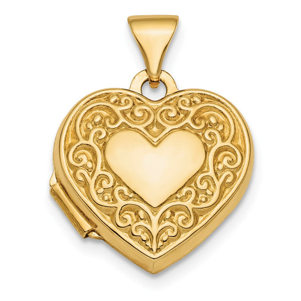 14K Yellow Gold Polished Fancy Scroll Design Front & Back 15mm Heart Locket