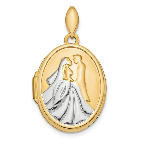 14K Yellow Gold & Rhodium Polished Bride And Groom Oval Locket