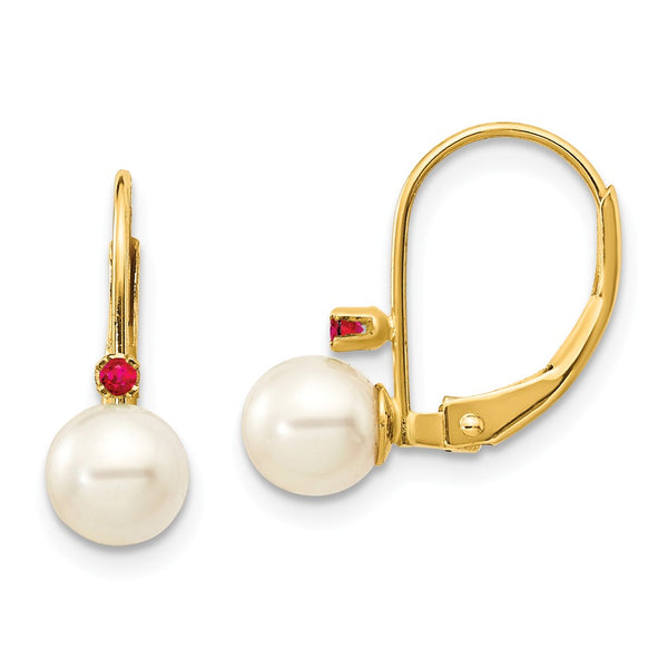 14K Yellow Gold,Leverback,Genuine,Freshwater Cultured Pearl,Ruby