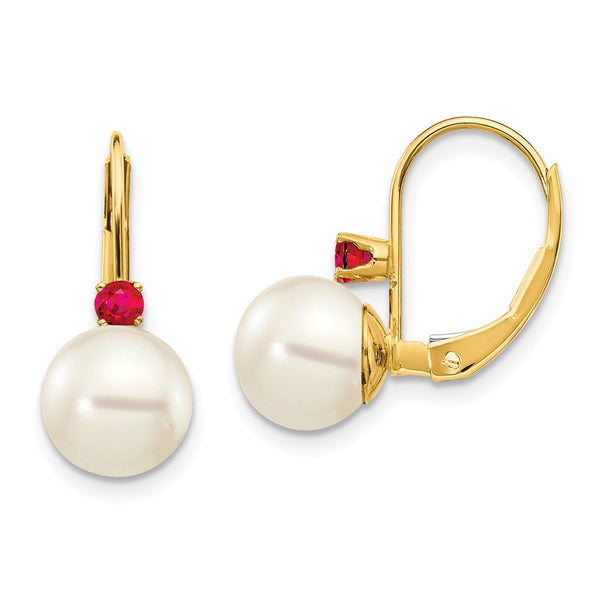 Polished,14K Yellow Gold,Leverback,Genuine,Freshwater Cultured Pearl,Ruby