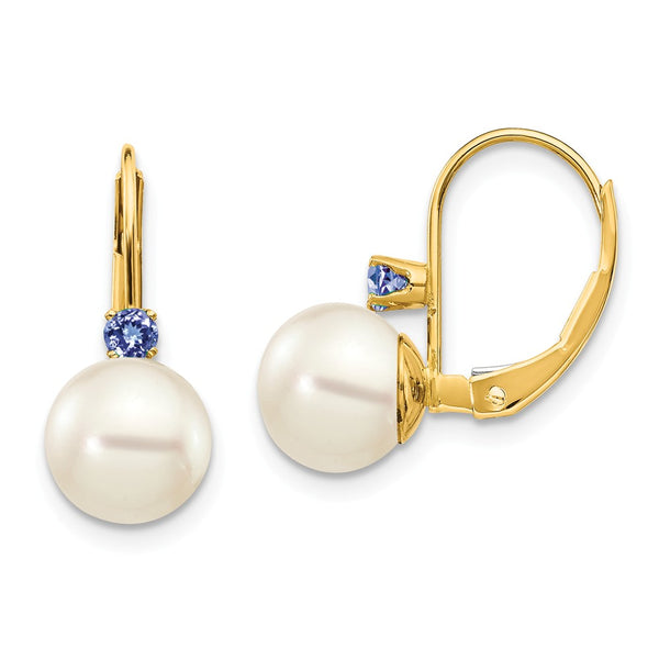 Polished,14K Yellow Gold,Leverback,Genuine,Freshwater Cultured Pearl,Tanzanite