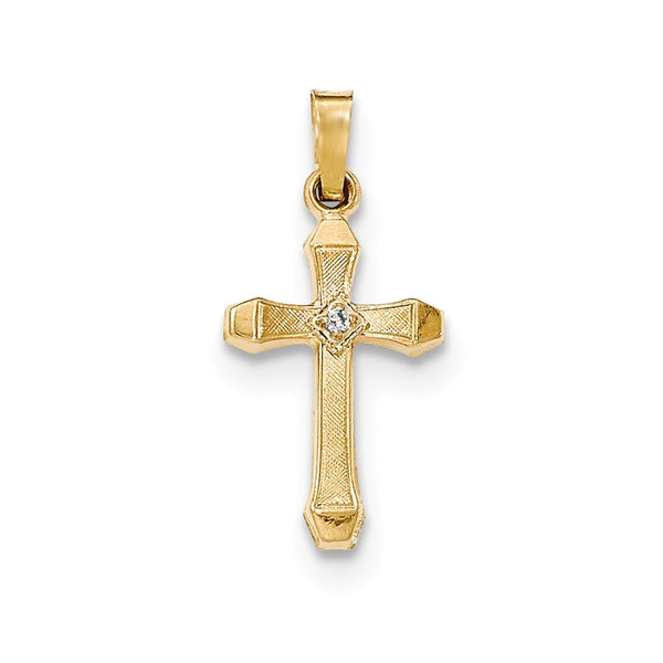 Solid,Casted,Polished,14K Yellow Gold,Diamond,Textured,Cross