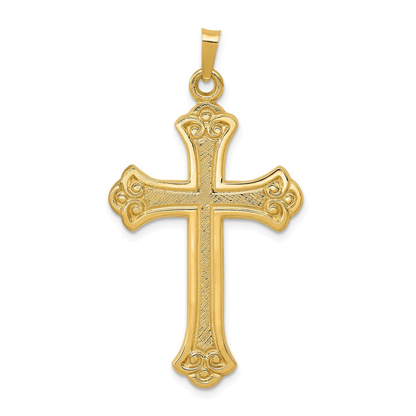 Solid,Casted,Polished,14K Yellow Gold,Textured,Cross,Fleur De Lis