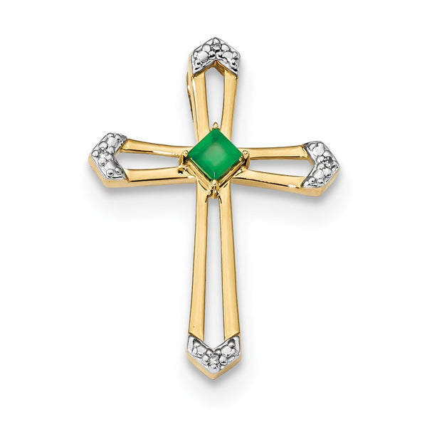 14K Yellow Gold With Emerald & Diamond Polished Cross Chain Slide