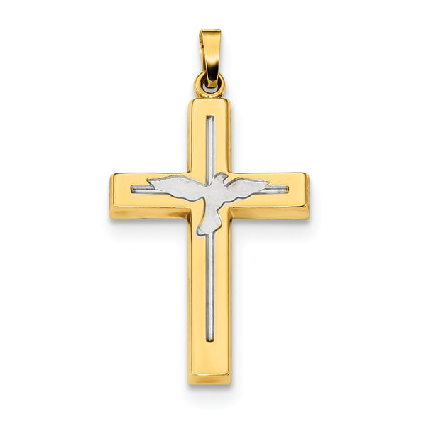 14K Yellow Gold With Rhodium Polished & Satin Cross With Dove Pendant