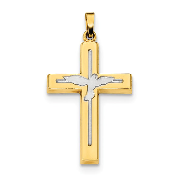 14K Yellow Gold With Rhodium Polished & Satin Cross With Dove Pendant