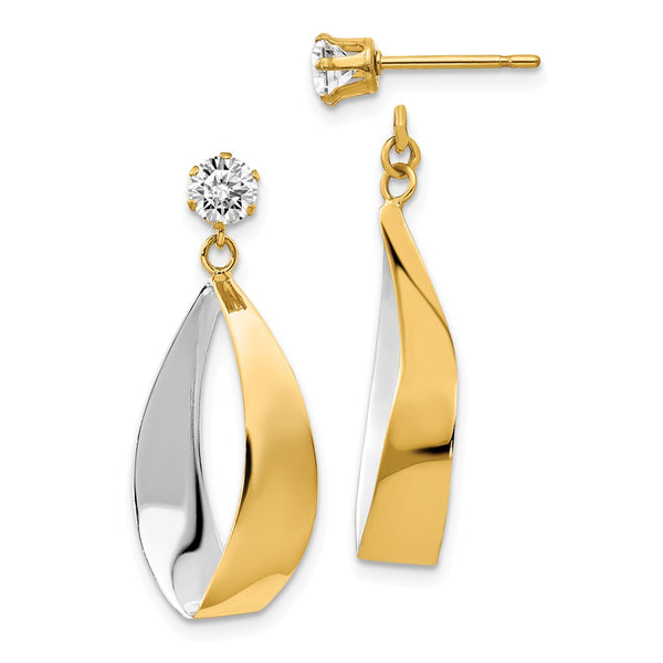 Polished,14K Yellow Gold & Rhodium,CZ,Dangle,Surgical Steel Post