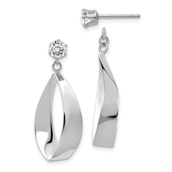 Polished,14K White Gold,CZ,Dangle,Surgical Steel Post